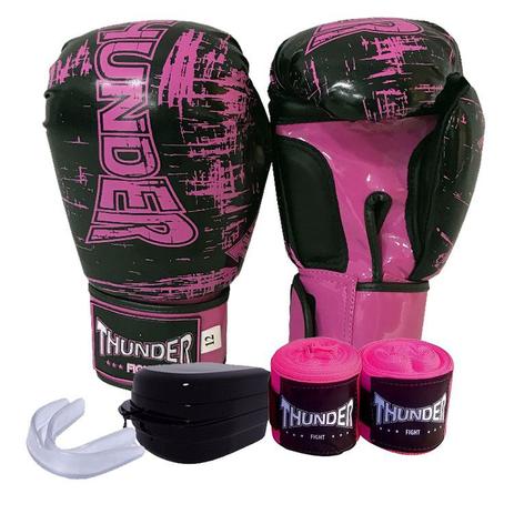 kit feminino Boxe / Muay Thai / Kickboxing - luva 12 oz preta riscos rosa + bandagem + protetor bucal - Thunder Fight - REF 1076 Menor preço em kit feminino Boxe / Muay Thai / Kickboxing - luva 12 oz preta riscos rosa + bandagem + protetor bucal - Thunder Fight - REF 1076