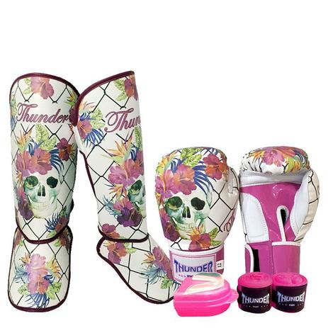 Kit feminino caveira grades Muay Thai Kickboxing - Luva 12 oz  + caneleira 20mm + bandagem 3 metros + protetor bucal - Thunder Fight - ref 1164 é boa?