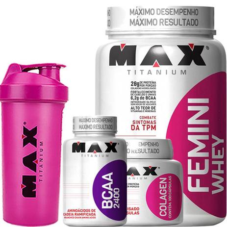 Kit Feminino Femini Whey 900g + Colageno + Bcaa Max Titanium Menor preço em Kit Feminino Femini Whey 900g + Colageno + Bcaa Max Titanium