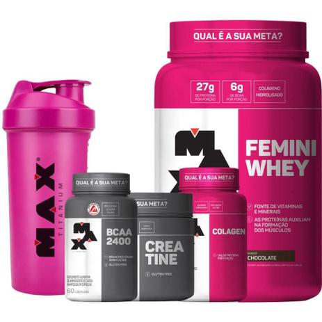 KIT FEMININO: Femini Whey + BCAA + Creatine + Colágeno + Coqueteleira Rosa Max Titanium Menor preço em KIT FEMININO: Femini Whey + BCAA + Creatine + Colágeno + Coqueteleira Rosa Max Titanium