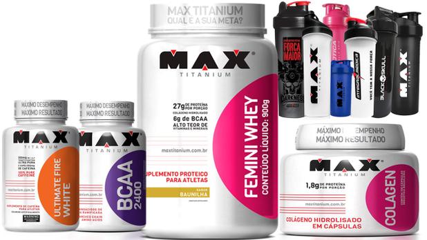 Kit Feminino Femini Whey+Colágeno+Bcaa+Cafeína -MAX TITANIUM - Geral Menor preço em Kit Feminino Femini Whey+Colágeno+Bcaa+Cafeína -MAX TITANIUM - Geral