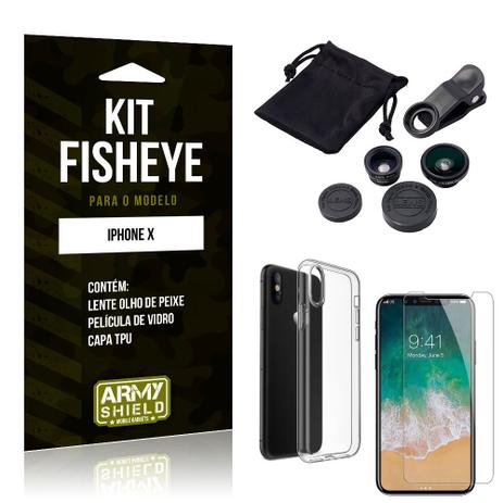 Kit Fisheye Apple iPhone X Lente Fisheye + Capa + Película de Vidro - Armyshield Menor preço em Kit Fisheye Apple iPhone X Lente Fisheye + Capa + Película de Vidro - Armyshield