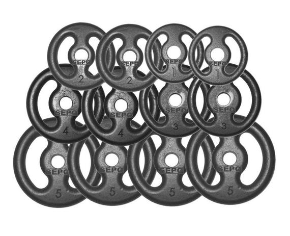 Kit Fitness com Anilhas de Ferro Fundido 40kg com Pegada - Sepo - pesos Menor preço em Kit Fitness com Anilhas de Ferro Fundido 40kg com Pegada - Sepo - pesos