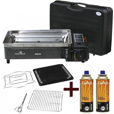 Kit Fogareiro Horizontal Magus 3 em 1 com Chapa Grelha e Espetos + 2 Refis Gas Nautika Menor preço em Kit Fogareiro Horizontal Magus 3 em 1 com Chapa Grelha e Espetos + 2 Refis Gas Nautika