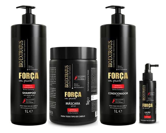Kit Força Com Pimenta Shampoo + Condicionador 1 Litro + Máscara 1 Kg + Loção 100ml - Bio Extratus Menor preço em Kit Força Com Pimenta Shampoo + Condicionador 1 Litro + Máscara 1 Kg + Loção 100ml - Bio Extratus