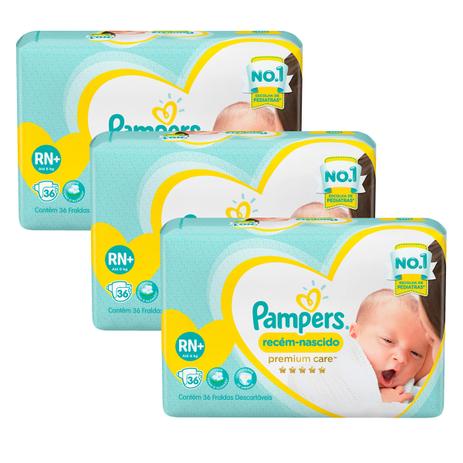 Kit Fralda Pampers Premium Care Recém Nascido Plus com 108 unidades - 3 à 6 Kg Menor preço em Kit Fralda Pampers Premium Care Recém Nascido Plus com 108 unidades - 3 à 6 Kg