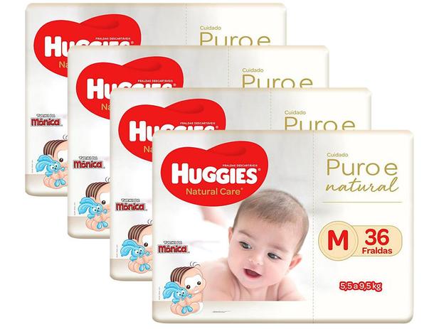 Kit Fraldas Huggies Premium Puro e Natural - Tam. M 5,5 a 9,5Kg 4 Pacotes com 36 Unidades Cada Menor preço em Kit Fraldas Huggies Premium Puro e Natural - Tam. M 5,5 a 9,5Kg 4 Pacotes com 36 Unidades Cada