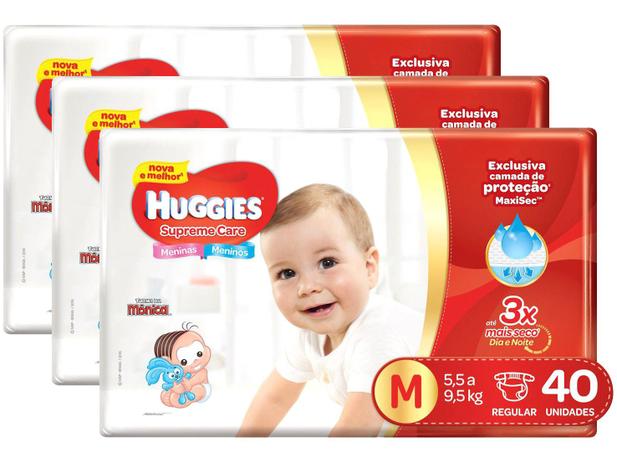 Kit Fraldas Huggies Turma da Mônica Supreme Care - Tam. M 5,5 a 9,5kg 3 Pacotes com 40 Unidades Cada é ruim? Kit Fraldas Huggies Turma da Mônica Supreme Care - Tam. M 5,5 a 9,5kg 3 Pacotes com 40 Unidades Cada é boa?