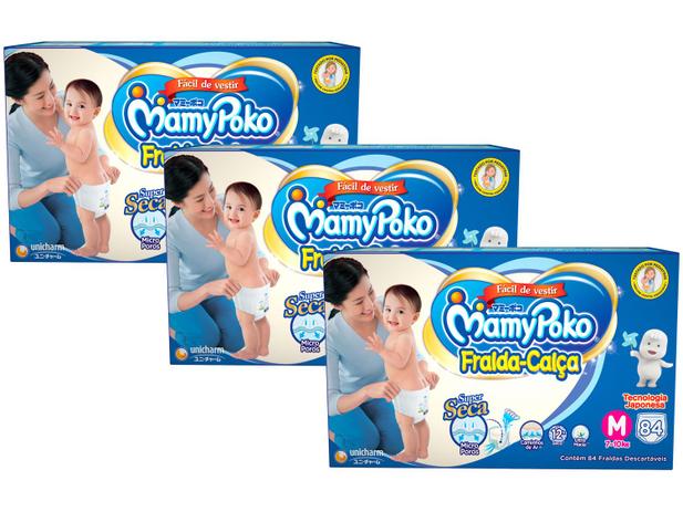 Kit Fraldas MamyPoko Calça Tam. M 7 a 10kg - 3 Pacotes com 84 Unidades Cada Menor preço em Kit Fraldas MamyPoko Calça Tam. M 7 a 10kg - 3 Pacotes com 84 Unidades Cada
