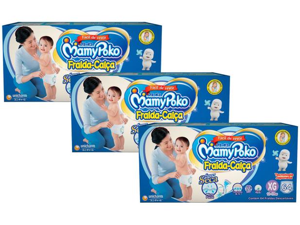 Kit Fraldas MamyPoko Calça Tam. XG 12 a 17kg - 3 Pacotes com 64 Unidades Cada Menor preço em Kit Fraldas MamyPoko Calça Tam. XG 12 a 17kg - 3 Pacotes com 64 Unidades Cada