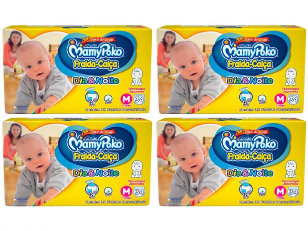 Kit Fraldas MamyPoko Dia&Noite Jumbo Calça Tam. M - 7 a 10kg 4 Pacotes com 34 Unidades Cada Menor preço em Kit Fraldas MamyPoko Dia&Noite Jumbo Calça Tam. M - 7 a 10kg 4 Pacotes com 34 Unidades Cada