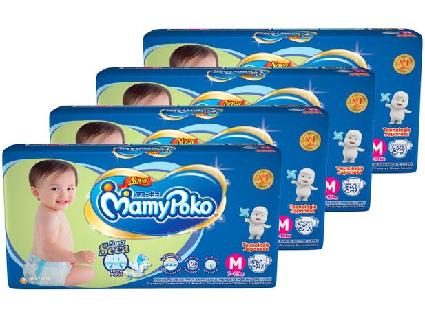 Kit Fraldas MamyPoko Fralda-Fita Tam. M - 7 a 10kg 4 Pacotes com 34 Unidades Cada Menor preço em Kit Fraldas MamyPoko Fralda-Fita Tam. M - 7 a 10kg 4 Pacotes com 34 Unidades Cada