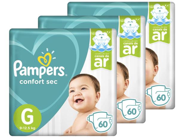 Kit Fraldas Pampers Confort Sec Tam. G - 9 a 12,5kg 3 Pacotes com 60 Unidades Cada Menor preço em Kit Fraldas Pampers Confort Sec Tam. G - 9 a 12,5kg 3 Pacotes com 60 Unidades Cada