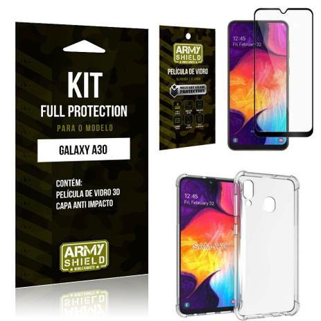 Menor preço em Kit Full Protection Samsung A30 Capa Anti Impacto + Película de Vidro 3D - Armyshield