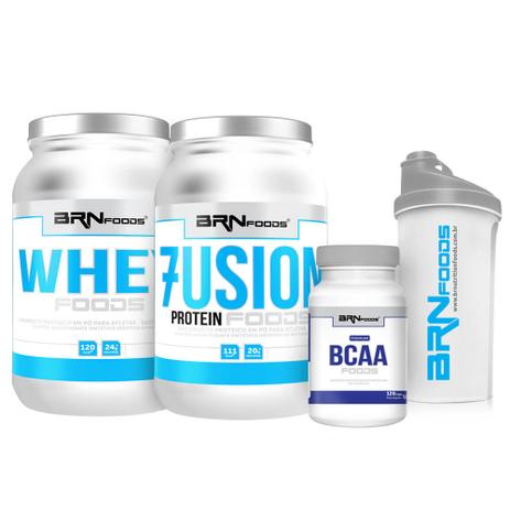 Kit Fusion Protein 900g Baunilha + Whey Foods 900g Baunilha + BCAA Fit 120tabs + Coqueteleira BRNFOODS Menor preço em Kit Fusion Protein 900g Baunilha + Whey Foods 900g Baunilha + BCAA Fit 120tabs + Coqueteleira BRNFOODS