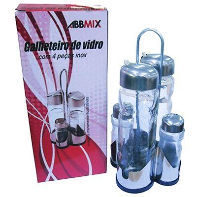 Kit galheteiro de vidro em aço inox com 5 pçs porta condimentos e tempero azeite sal vinagre - Gimp Menor preço em Kit galheteiro de vidro em aço inox com 5 pçs porta condimentos e tempero azeite sal vinagre - Gimp