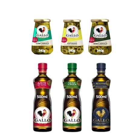Kit Gallo - 3 Azeites de 500ml e 3 Azeitonas de 340g Menor preço em Kit Gallo - 3 Azeites de 500ml e 3 Azeitonas de 340g