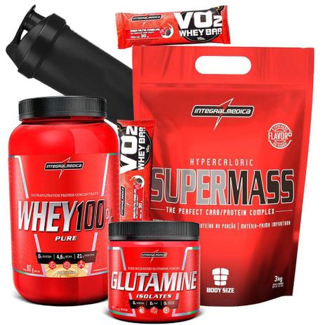 Kit Ganho Bruto de Massa Muscular - Super Whey 900g + Hiper calorico Supermass + Glutamina + Shaker - Integralmedica Menor preço em Kit Ganho Bruto de Massa Muscular - Super Whey 900g + Hiper calorico Supermass + Glutamina + Shaker - Integralmedica
