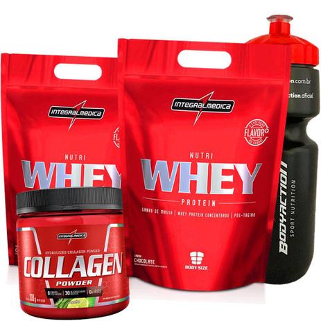Menor preço em Kit Ganho de Massa e firmeza da pele - 2x Whey+Colageno+Garrafinha - Integralmedica
