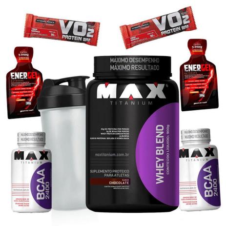 Kit Ganho de Massa e Recuperação Muscular - Whey Blend 900g + 2x Bcaa 2400 60 Caps + Coqueteleira - Max titanium Menor preço em Kit Ganho de Massa e Recuperação Muscular - Whey Blend 900g + 2x Bcaa 2400 60 Caps + Coqueteleira - Max titanium