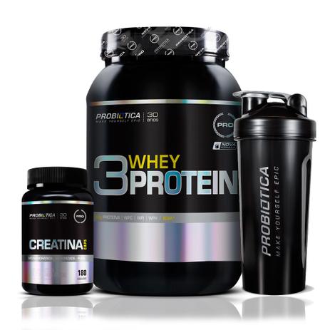 Kit Ganho de Massa Magra 3 Whey Protein + Creatina 180cáps - Probiótica Menor preço em Kit Ganho de Massa Magra 3 Whey Protein + Creatina 180cáps - Probiótica