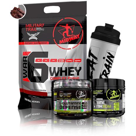 Kit Ganho de Massa Midway - War 6 Protein + Glutamina Defense + Amino Tank Bcaa + Coq Military Trail - Midway labs Menor preço em Kit Ganho de Massa Midway - War 6 Protein + Glutamina Defense + Amino Tank Bcaa + Coq Military Trail - Midway labs
