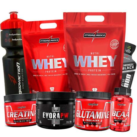 Kit Ganho de Massa Muscular - 2 Whey+Hipercalorico+Bcaa+Creatina+Pre treino+Glutamina+Garrafinha - Integralmedica é boa?