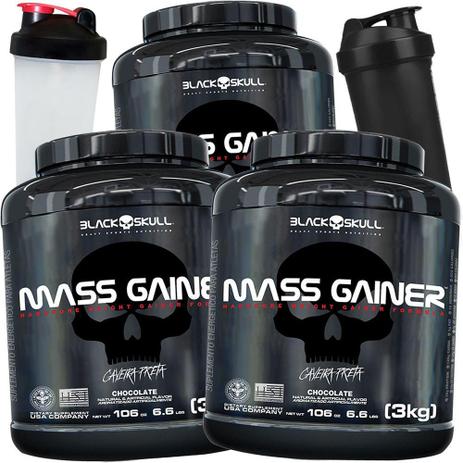Kit Ganho de Massa Muscular - 3x Massa Gainer Hipercalorico 3kg+ 2x Garrafinha - Black Skull Menor preço em Kit Ganho de Massa Muscular - 3x Massa Gainer Hipercalorico 3kg+ 2x Garrafinha - Black Skull