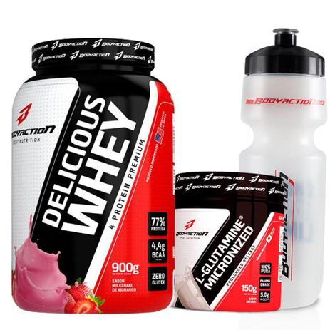 Kit Ganho de Massa Muscular - Delicious Whey Protein 900g + Glutamina 150g + Squeeze - Body Action Menor preço em Kit Ganho de Massa Muscular - Delicious Whey Protein 900g + Glutamina 150g + Squeeze - Body Action