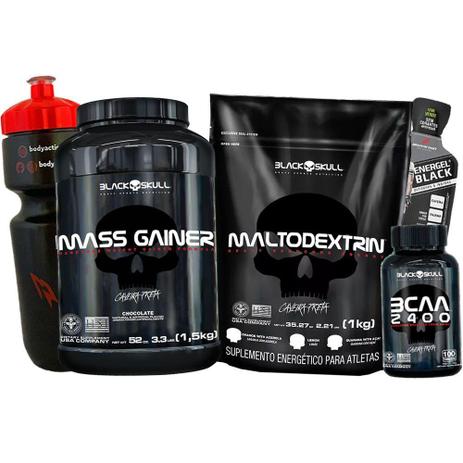 Kit Ganho de Massa Muscular - Hipercalorico + BCAA 2400 + Maltodextrina 1kg - Black Skull Menor preço em Kit Ganho de Massa Muscular - Hipercalorico + BCAA 2400 + Maltodextrina 1kg - Black Skull