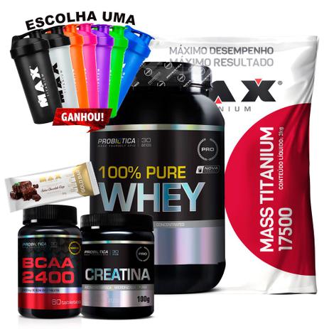 Kit Ganho De Massa Muscular Rapida - Whey 100 + Mass + Bcaa - Max tianium Menor preço em Kit Ganho De Massa Muscular Rapida - Whey 100 + Mass + Bcaa - Max tianium