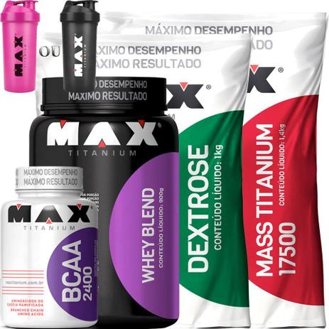 Kit Ganho de Peso BCAA Whey Dextrose Mass Max Titanium Menor preço em Kit Ganho de Peso BCAA Whey Dextrose Mass Max Titanium
