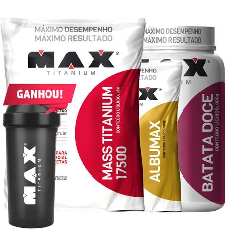 Kit Ganho Massa Albumax + Batata Doce + Mass 17500 + Brind - Max titanium Menor preço em Kit Ganho Massa Albumax + Batata Doce + Mass 17500 + Brind - Max titanium