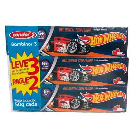 Kit Gel Dental Condor Bambinos Hot Wheels 50g 6 Anos Leve 3 Pague 2 Menor preço em Kit Gel Dental Condor Bambinos Hot Wheels 50g 6 Anos Leve 3 Pague 2