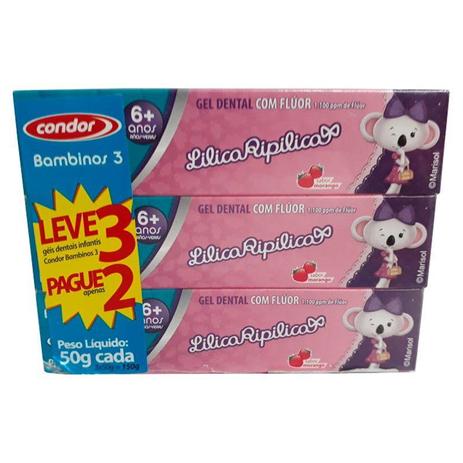 Kit Gel Dental Condor Bambinos Lilica 50g 6 Anos Leve 3 Pague 2 Menor preço em Kit Gel Dental Condor Bambinos Lilica 50g 6 Anos Leve 3 Pague 2