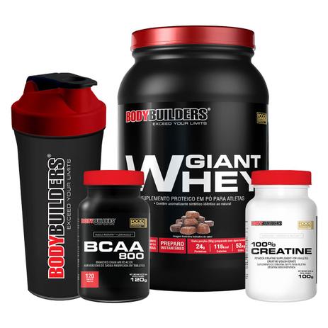 Kit Giant Whey 900g Chocolate + BCAA 800 120 Tabletes + 100 Creatine 100g + Coqueteleira Bodybuilders Menor preço em Kit Giant Whey 900g Chocolate + BCAA 800 120 Tabletes + 100 Creatine 100g + Coqueteleira Bodybuilders