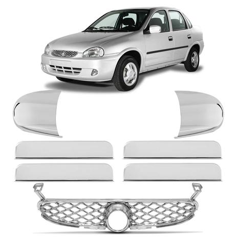 Kit Grade Dianteira Corsa Hatch Sedan 00 01 Cromada Coméia + Apliques Retrovisor Maçaneta 4 Pts - Prime Menor preço em Kit Grade Dianteira Corsa Hatch Sedan 00 01 Cromada Coméia + Apliques Retrovisor Maçaneta 4 Pts - Prime