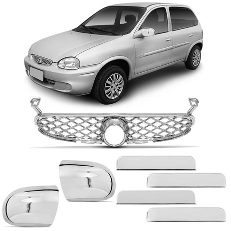Kit Grade Dianteira Corsa Hatch Sedan Colmeia + Maçanetas Cromado + Apliques de Retrovisor Cromado - Prime Menor preço em Kit Grade Dianteira Corsa Hatch Sedan Colmeia + Maçanetas Cromado + Apliques de Retrovisor Cromado - Prime