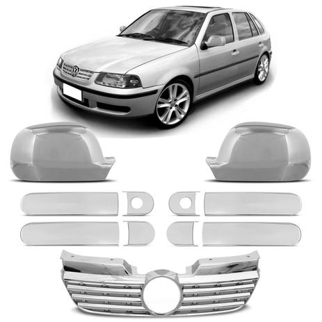 Kit Grade Dianteira Gol G3 00 a 02 4 Portas Fase 1 Cromada + Apliques Retrovisor Maçaneta Cromados - Prime Menor preço em Kit Grade Dianteira Gol G3 00 a 02 4 Portas Fase 1 Cromada + Apliques Retrovisor Maçaneta Cromados - Prime