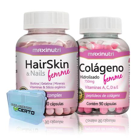 Kit Hairskin Femme 90 Caps + Colágeno Femme + Porta Caps - Maxinutri Menor preço em Kit Hairskin Femme 90 Caps + Colágeno Femme + Porta Caps - Maxinutri
