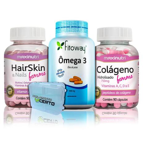 Kit Hairskin Femme + Colágeno + Ômega 3 120 Caps + Porta Caps - Maxinutri Menor preço em Kit Hairskin Femme + Colágeno + Ômega 3 120 Caps + Porta Caps - Maxinutri