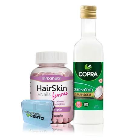 Kit Hairskin Femme + Óleo de Coco Extra Virgem + Porta Caps - Maxinutri/Copra Menor preço em Kit Hairskin Femme + Óleo de Coco Extra Virgem + Porta Caps - Maxinutri/Copra