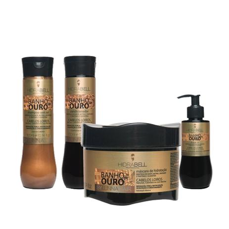 Kit Hidrabell Banho de Ouro Sh 300ml + Cond 300ml + Másc 300g + Leav 220ml Menor preço em Kit Hidrabell Banho de Ouro Sh 300ml + Cond 300ml + Másc 300g + Leav 220ml