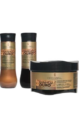 Kit Hidrabell Banho de Ouro Shampoo 300ml Condicionador 300ml Máscara 300g Menor preço em Kit Hidrabell Banho de Ouro Shampoo 300ml Condicionador 300ml Máscara 300g