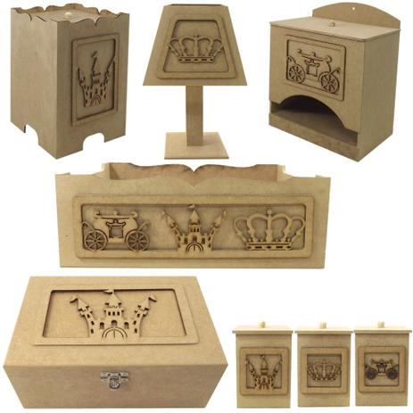 Kit Higiene Bebê em MDF Carruagem Príncipe 8 peças com Abajur e Farmacinha - Palácio da Arte Menor preço em Kit Higiene Bebê em MDF Carruagem Príncipe 8 peças com Abajur e Farmacinha - Palácio da Arte