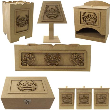 Kit Higiene Bebê em MDF Coroa Romana 8 peças com Abajur e Farmacinha - Palácio da Arte Menor preço em Kit Higiene Bebê em MDF Coroa Romana 8 peças com Abajur e Farmacinha - Palácio da Arte