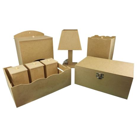 Kit Higiene Bebê em MDF Liso 8 peças com Abajur e Farmacinha - Palácio da Arte Menor preço em Kit Higiene Bebê em MDF Liso 8 peças com Abajur e Farmacinha - Palácio da Arte