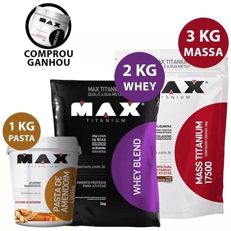 Kit Hipertrofia 2kg Whey 3kg Massa + Pasta De Amend + Brinde - Max titanium Menor preço em Kit Hipertrofia 2kg Whey 3kg Massa + Pasta De Amend + Brinde - Max titanium