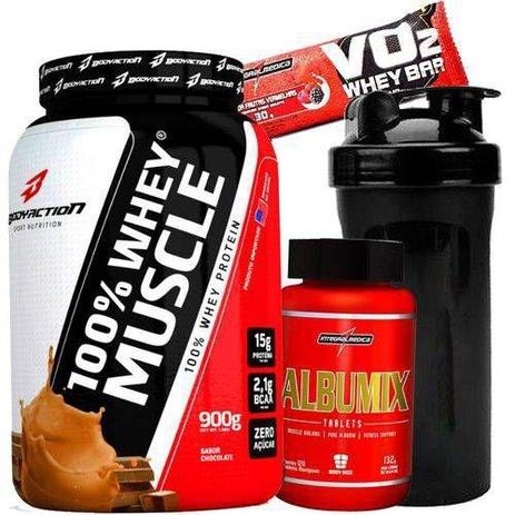 Kit Hipertrofia Basico 100 Whey Protein Muscle 900g Concentrado Puro + Albumina 120caps Copo wey - Body action Menor preço em Kit Hipertrofia Basico 100 Whey Protein Muscle 900g Concentrado Puro + Albumina 120caps Copo wey - Body action