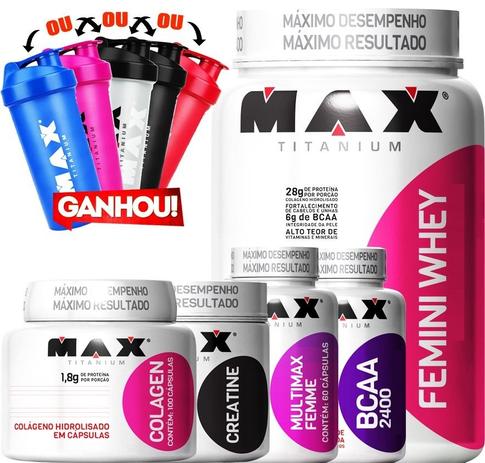 Kit Hipertrofia Femi Mulher Whey Bcaa Colagen - Max Titanium Menor preço em Kit Hipertrofia Femi Mulher Whey Bcaa Colagen - Max Titanium